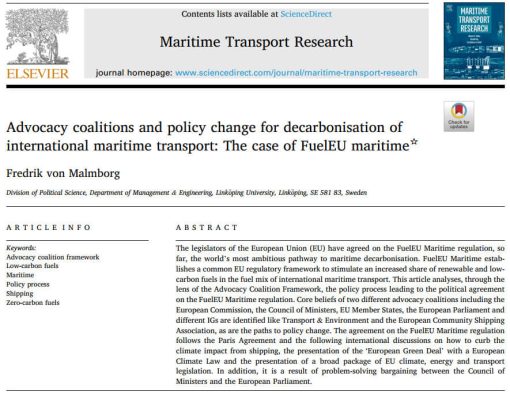 ائتلاف های حمایتی و تغییر سیاست برای کربن زدایی حمل و نقل دریایی بین المللی: مورد مقررات سوخت اتحادیه اروپا برای حمل‌ونقل دریایی (FuelEU Maritime)